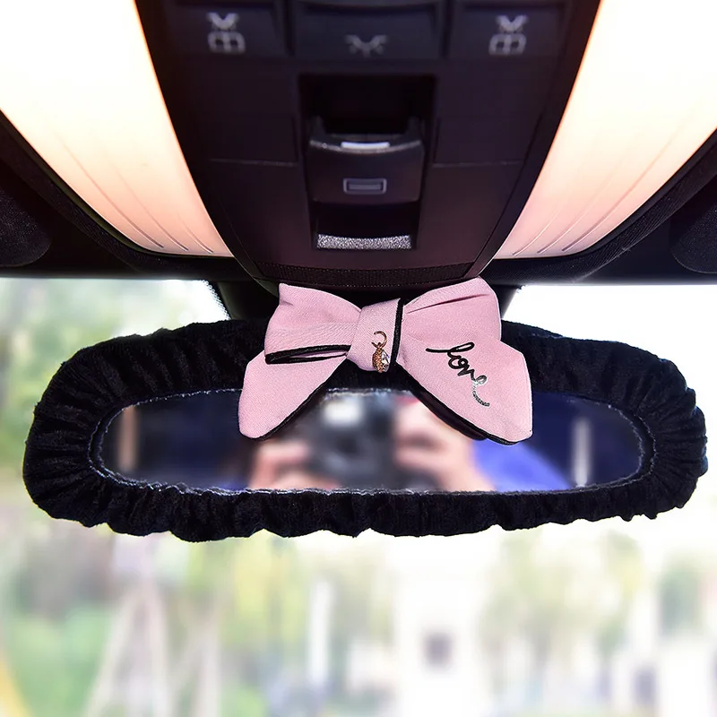 Cute Bowknot Car Interior Rearview Mirror Cover for Girls Plush Auto Mirror Case Bow Decoration Accessories for Women and Girls