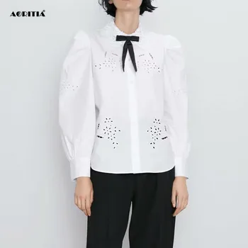 

2020 Spring Women White Embroidery Blouses Long Sleeve Turn-down Collar Lady Casual Shirts