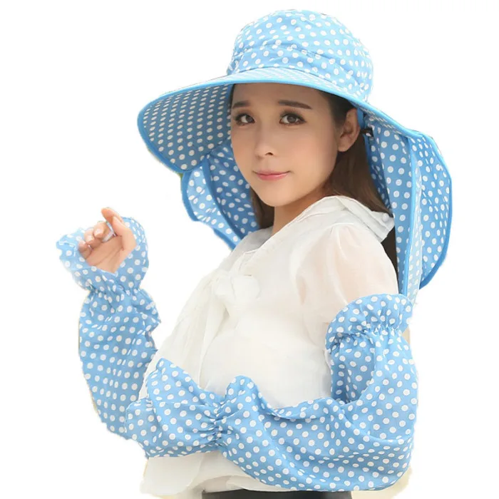 Fashion Summer Women Hat With Sleeves Dot Decorate Foldable Caps Ladies Beach Sunscreen Casual Hats Gardener Work Cap NOV99