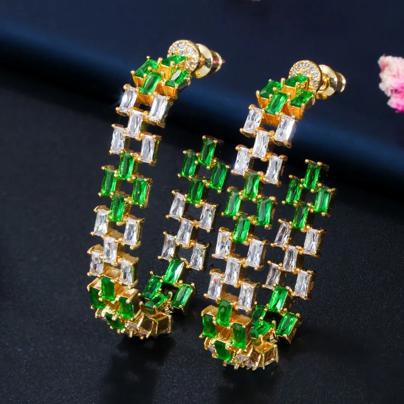 Green CWWZircons, разноцветные, полный багет, кубический циркон, большие серьги-кольца для женщин, модные ювелирные изделия, вечерние женские серьги CZ643 - Окраска металла: Green
