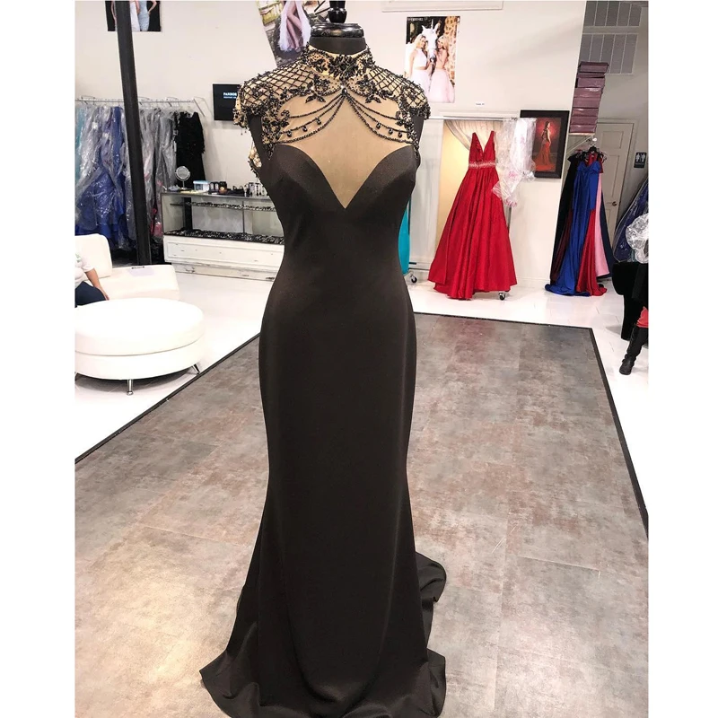 HWTX_Bridal, бисероплетение, кристаллы, Черное вечернее платье, иллюзия, высокий ворот, атласные длинные в стиле русалки,, платья для выпускного вечера, официальное платье на заказ