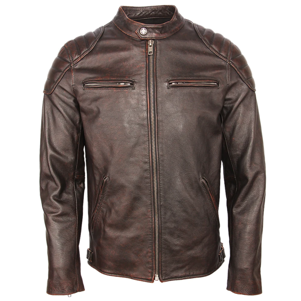 Винтажная мужская куртка из натуральной воловьей кожи, приталенная мотоциклетная куртка, Мужская байкерская куртка на осень M357