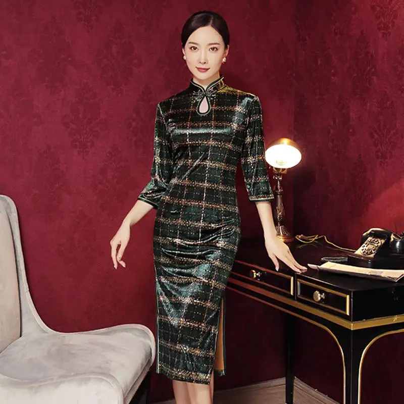Китайское традиционное женское платье Чонсам с цветочным принтом и воротником-стойкой, вечернее платье с длинными рукавами 3/4, Qipao, большие размеры 3XL 4XL - Цвет: Dark Green 2