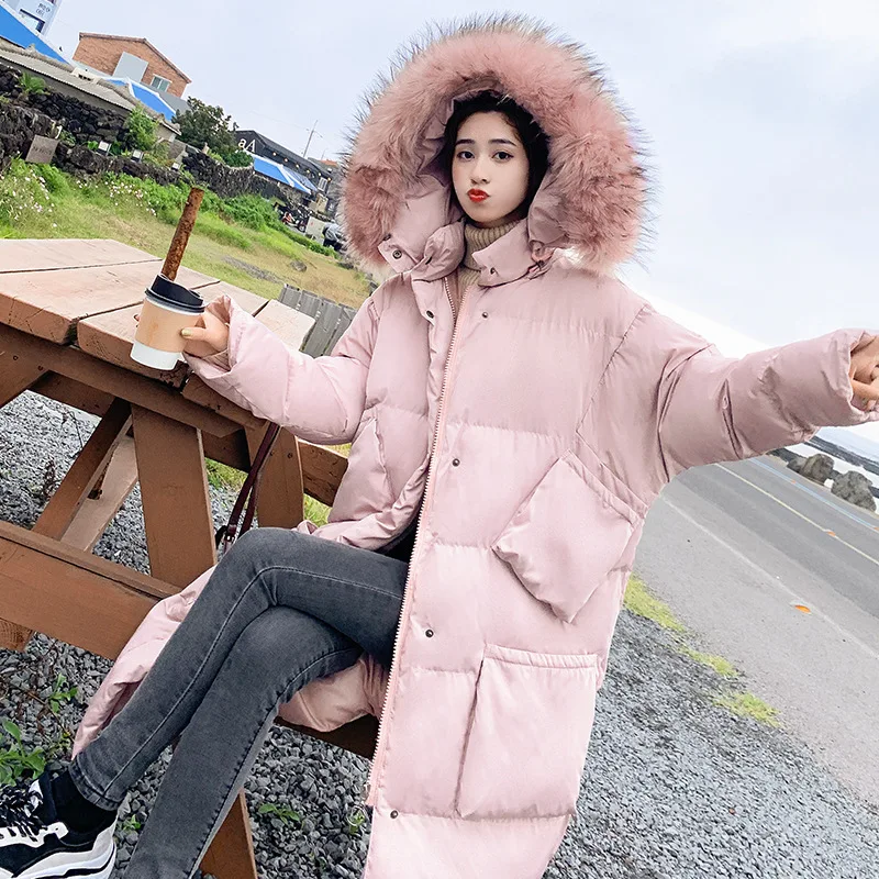 Повседневная женская зимняя куртка с большим карманом, хлопковое Стеганое теплое плотное пальто с большим меховым воротником, женские длинные пальто, пуховики - Цвет: Розовый