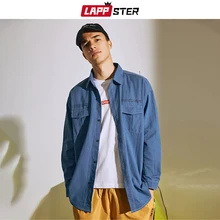 LAPPSTER мужские уличные джинсовые рубашки мужские s Harajuku Хип Хоп модные рубашки с длинными рукавами Повседневные осенние хлопковые синие ветровки