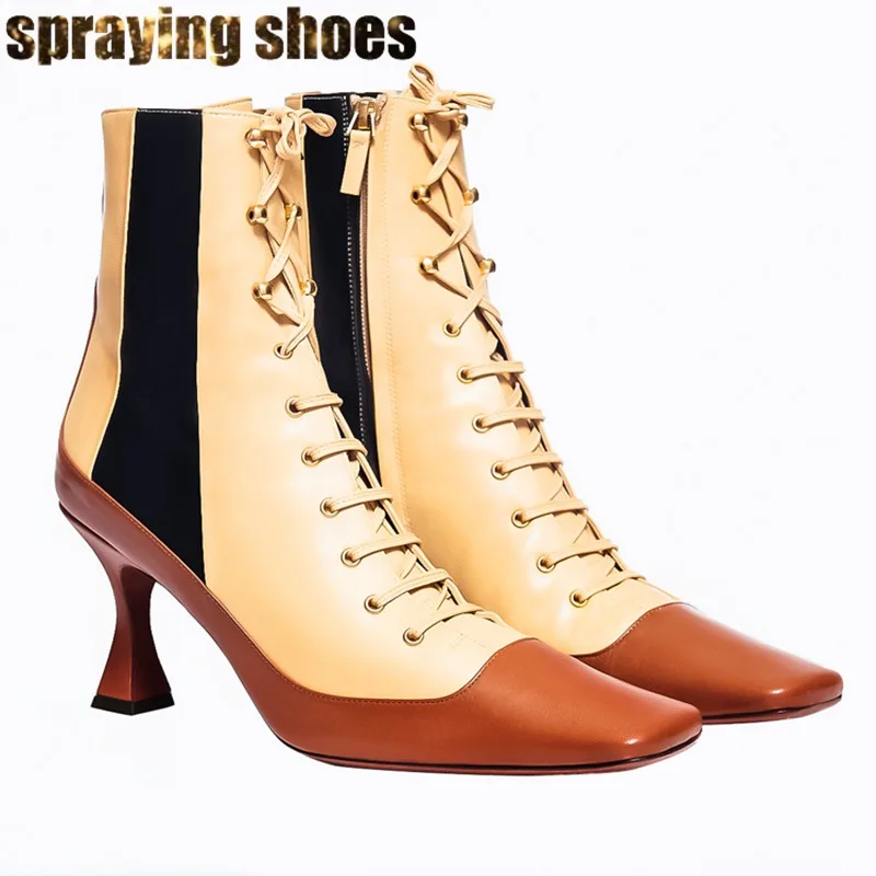 

2019 Autumn WinterSquare Toe Women Ankle Boots Mixed Color Cross Strappy High Heeled Booties Sexy Ladies Shoes Short Boots Woman