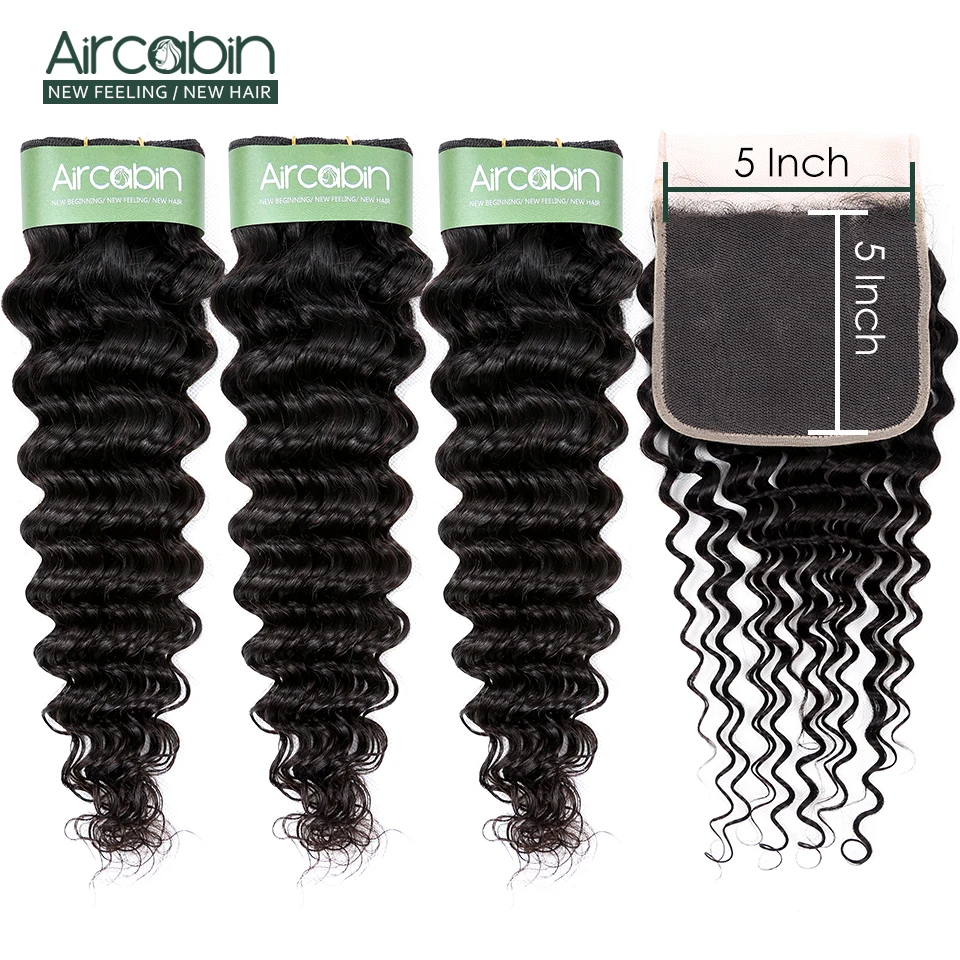 Brazilian Deep Wave Bundles With 5x5 Closure Remy Hair Bundles And Swiss Lace Closure Aircabin Human Hair 3 Bundles With Closure