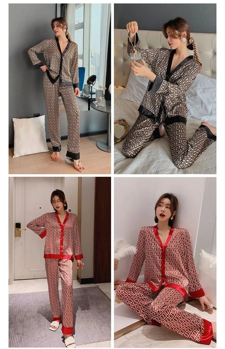 Lace Pj's 2PCS Sleepwear Women Satin Pajamas Suit Summer Pyjamas Casual Intimate Lingerie Long Sleeve Shirt&Pants Lounge Wear