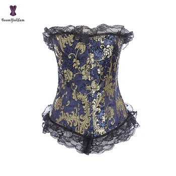 

Overbust Corset Burlesque Blue Gold Floral Tapestry Brocade Korset Top Waist Bustier Cincher Corselet S-6XL