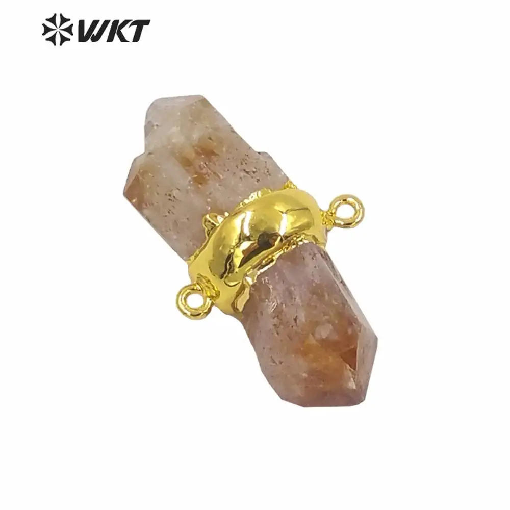 

WT-P1613 Trendy Women Gold Double Loops Spirit Quartz Point Pendants Amazing Natural Raw Yellow Crystal Quartz Point Pendant