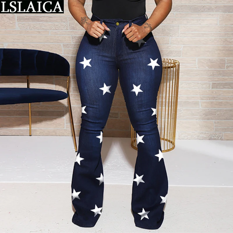 low rise jeans Fashion Denim Woman Pants High Waist Stars Print Female Flare Pants Fall 2020 Women Jeans Streetwear Plus Size Long Trousers champion sweatpants Pants & Capris