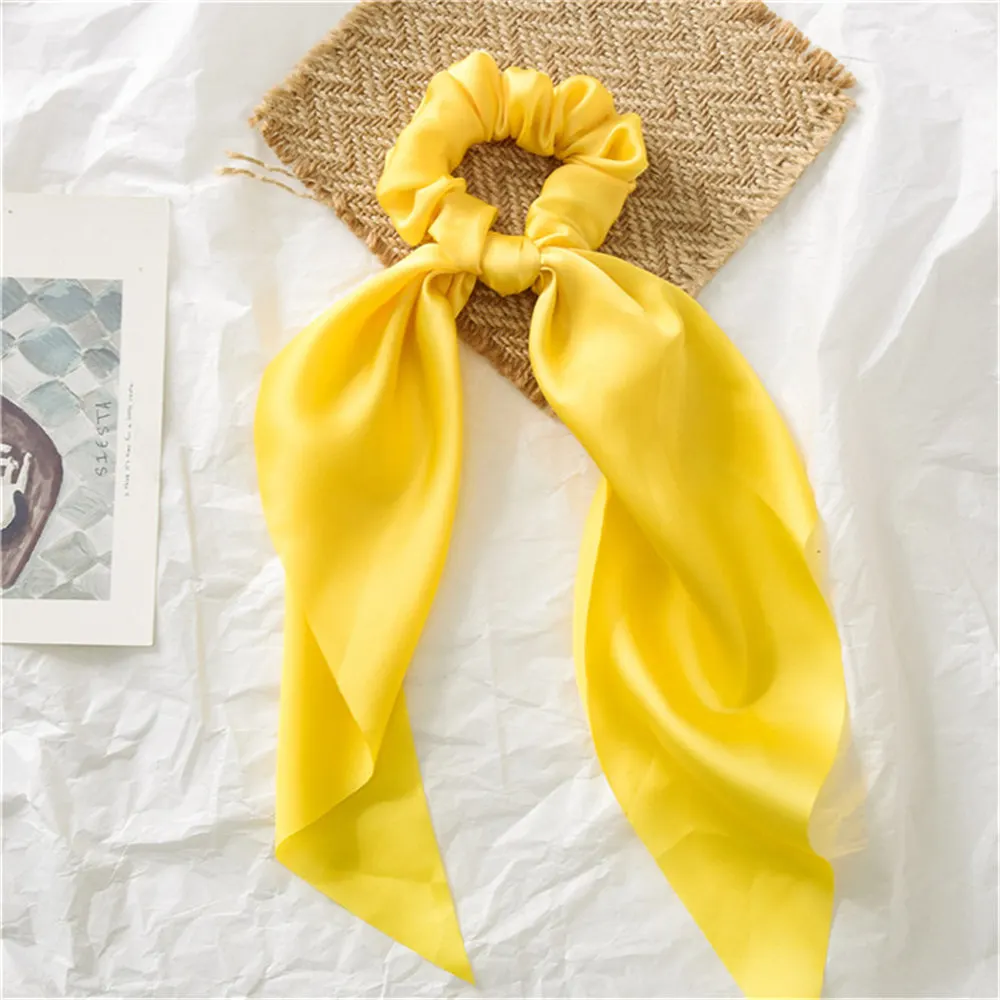 Yellow Летние Стильные многоцветные женские головные уборы тюрбан DIY лук стримеры резинки для волос конский хвост галстуки твердые головной убор - Цвет: Yellow