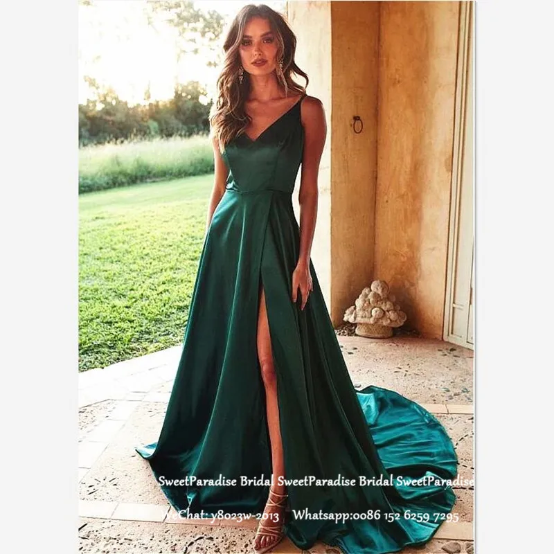 

Dark Green Stain Mermaid Evening Dress Long Chapel Train Side Split Spaghetti Strap Formal Prom Dresses For Women