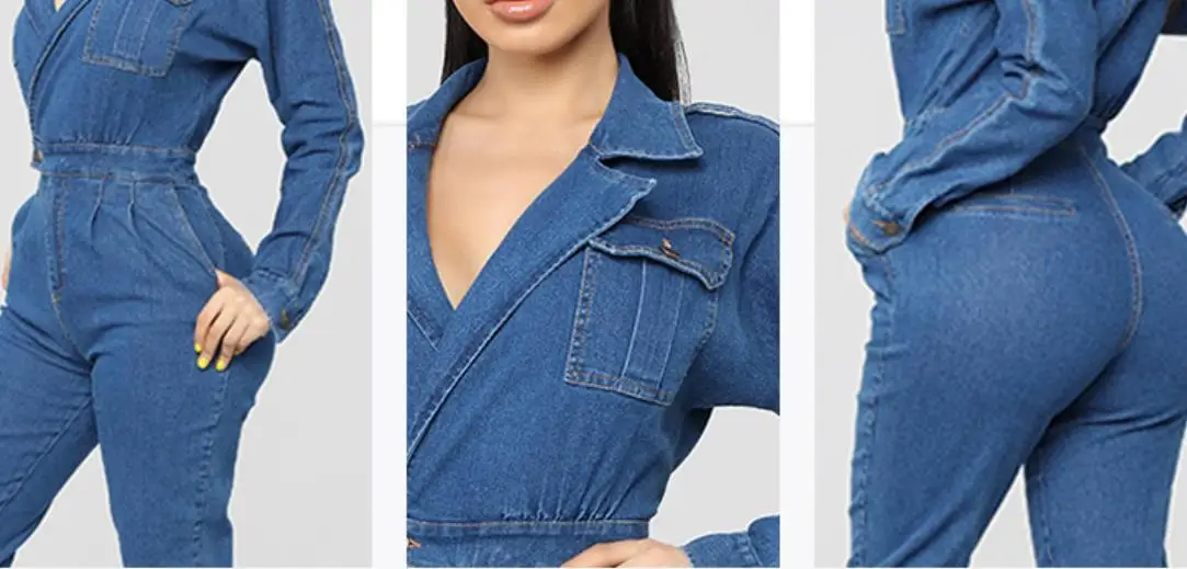 New Women Jumpsuit Long Sleeve Turn-down Collar Denim Solid Color With Pockets Rompers Jumpsuits Casual Streetwear