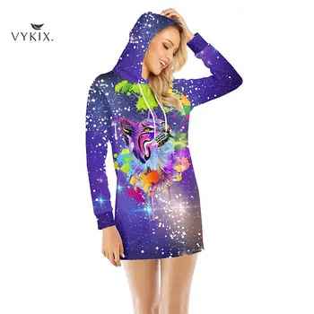 

Streetwear Hoodie Dress Winter Hoodies Autumn Oversized Hoodie For Women Colorful Printing Cat Starry Sky Long-sleeve Sweatshirt