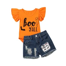 Детский комбинезон на Хэллоуин из 2 предметов для девочек, топ, джинсовые штаны, костюм для костюмированной игры