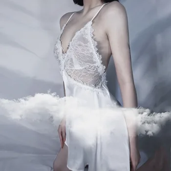 

White Sexy Nightdress Wedding Women Sleepwear Eyelash Lace Sexy Lingerie Camisole Temptation Nightgown Summer Home Wear