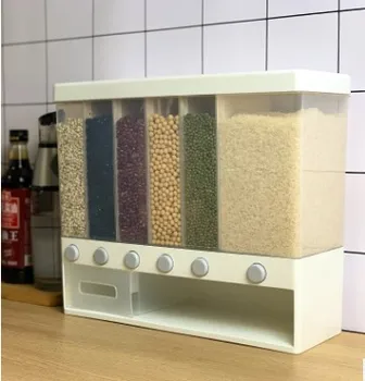 

10KG Wall Mounted Divided Rice and Cereal Dispenser 6 Moisture Proof Plastic Automatic Racks Sealed Food Storage Box