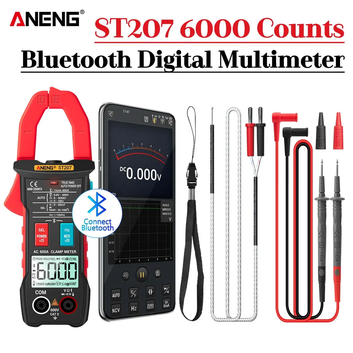ANENG ST207 цифровой Новый профессиональный Bluetooth клещи 6000 граф DC/AC истинный RMS