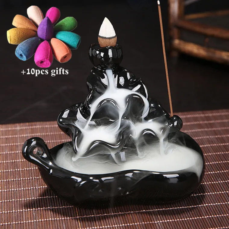 Ceramic Retro Ceramic Backflow Incense Burner Waterfall Censer Incense Holder Aromatherapy Furnace Home Decoration+ 10pcs Cones - Цвет: With 10pcs mixed-24