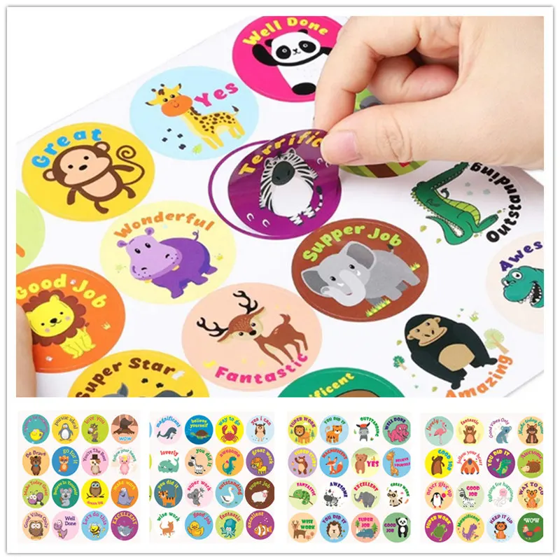20 Pcs Student's Rewards Stickers Cute Cartoon Animals Rewards Round Circle Labels Stickers Seal Label