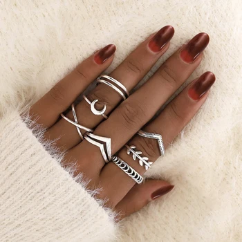 

7 Pcs/set Vintage Women Olive Branch Rings Set Moon Cross Leaves Knuckle Finger Joint Ring Wedding Party Jewelry Accessories