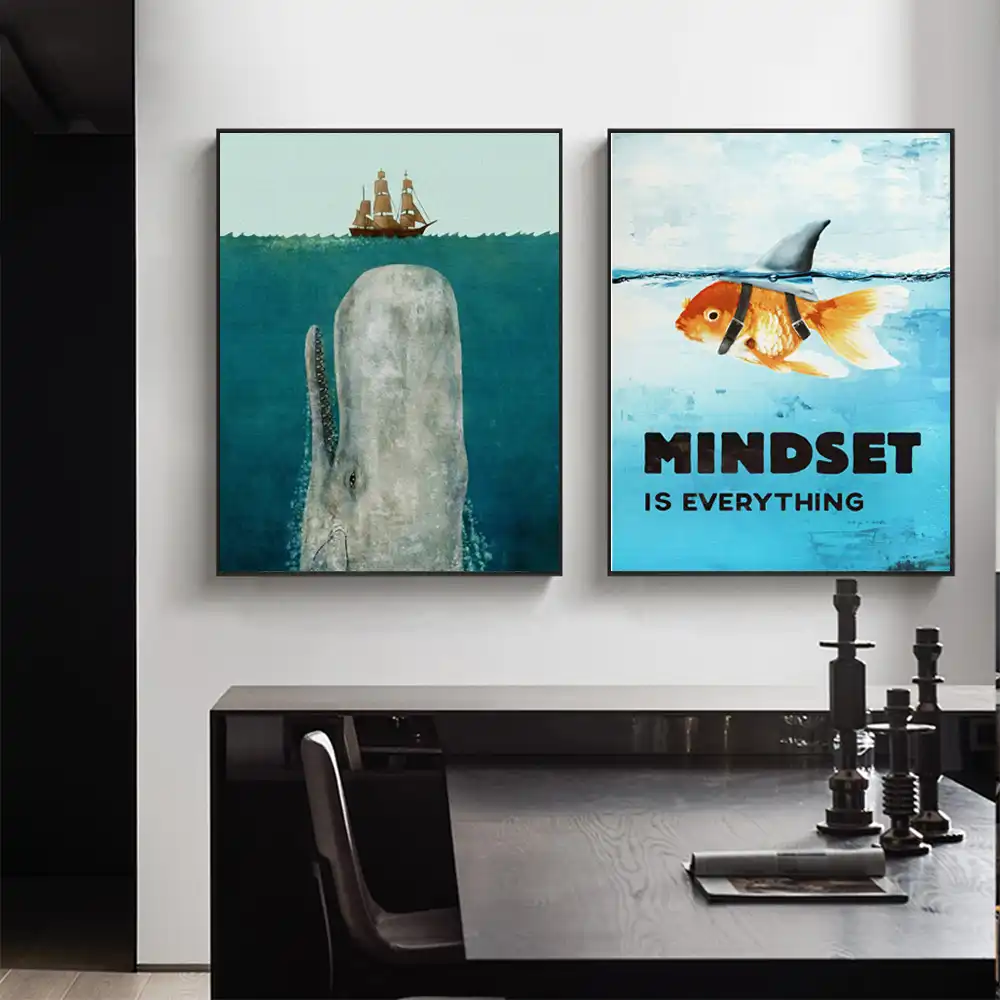 Wall Art Canvas Painting Printed Mindset Is Everything Shark Fish Pictures Motivational Nordic