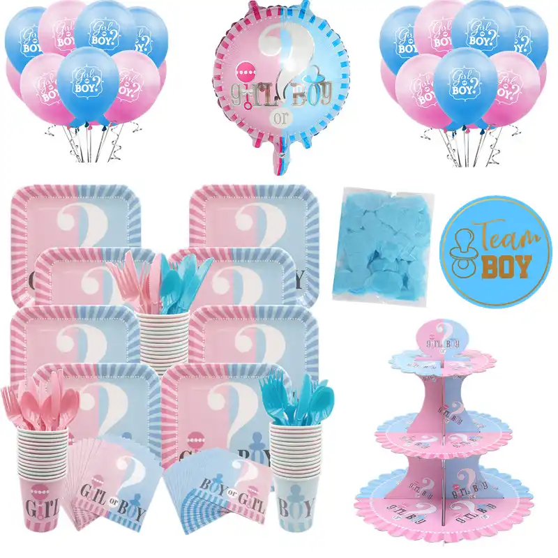 Boy Or Girl Party Supplies He Or She Gender Reveal Theme Disposable Party Plates Tableware Set Balloon Decoration Baby Shower Disposable Party Tableware Aliexpress