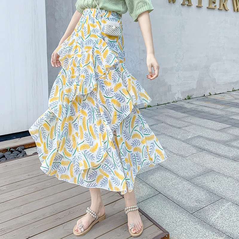 

Summer 2019 Women Fashionable Long Skirt Maxi Skirts Asymmetrical Skirts Print Boho Skirt High Waist Chiffon Elegant Party Skirt