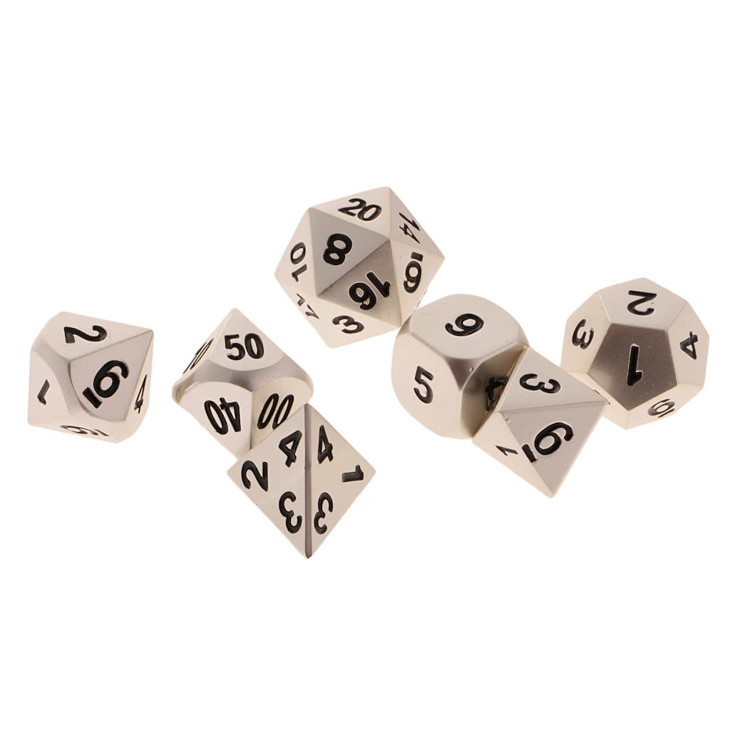 7x металла многогранные кубики D4 D6 D8 D10 D12 D20 для ролевых игр, серебристый