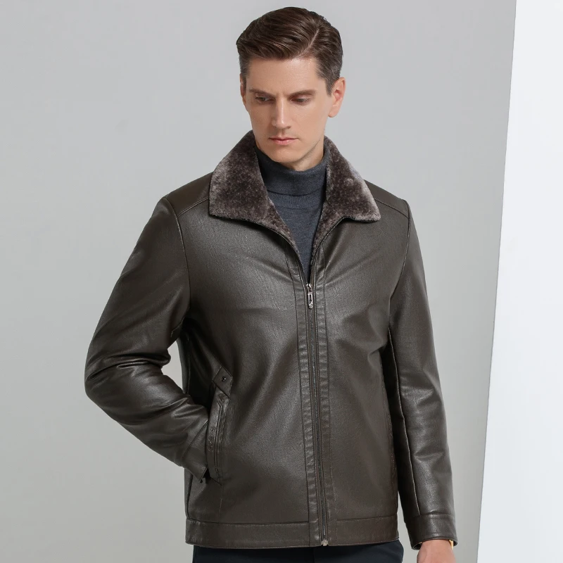 

Men 2021 Autumn Thick Warm Fleece Leather Jacket Coat