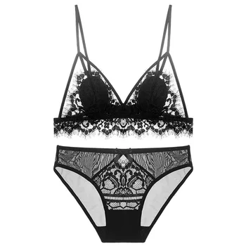 

Honviey summer thin pink wirefree underwear women setlace beauty back vest sling bra set push up wrap top anti-glare langerie