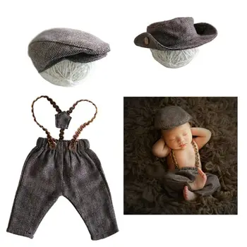 

Long Pants and 2 Style Hats Set Accessories for Newborn Photography Props Plaid Costume Infant Baby Boy Little Gentleman Outfit