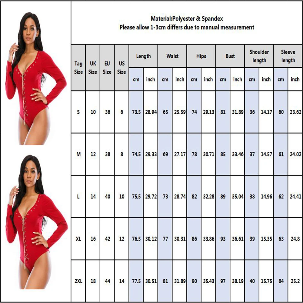 Sexy Long Sleeve S-XXL Women Top with Metal Chain Red Bodysuit Top Sexy Clubwear Ladies Adjustable Lace Up Hollow Out Jumpsuits