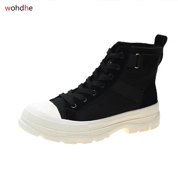 

Wohdhe Thick Bottom Platform Women Mid- Calf Canvas Boots Non-slip Autumn Bootines Chunky Heels Mujer 2020 Mujer