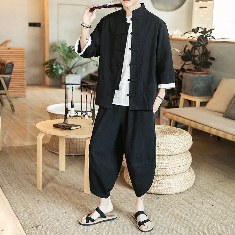 

2019 Summer Chinese-style Cotton Linen Cardigan Frog Ethnic-Style Loose Retro Men Solid Color Capri Pants Set
