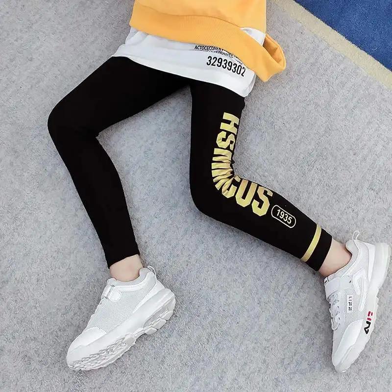 

Fashion Cotton Girls Leggings Skinny Black Elastic Pants Golden Letter Print Trousers 10 12 years Teenage Girls Outfit
