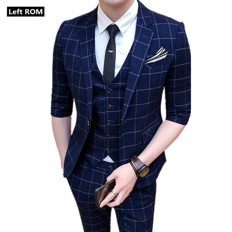 ( Jacket + Vest Pants ) Mens Fashion Boutique Plaid Formal Business Suit 3 Piece / Groom Wedding Dress Half Sleeve Suits | Мужская