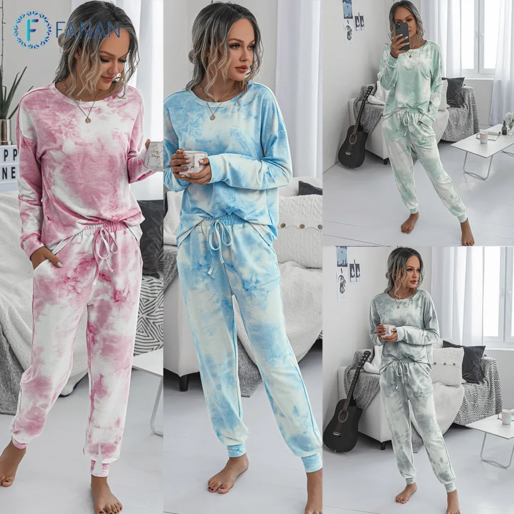 FANAN Fashion, conjuntos de ropa de otoño invierno estampado para mujer, ropa Casual el hogar, trajes de camisa de manga larga, conjunto de dos piezas, Top y pantalones|Conjuntos de -