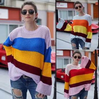 

2019 Autumn Women Ladies Loose Pullover Sweater Oversized Knitwear Jumper Flare Sleeve Multicolor Stripes Knit Sweaters