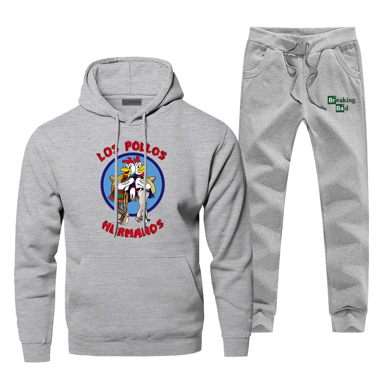 Breaking Bad LOS POLLOS Hermanos, мужские толстовки, свитшоты, брюки, наборы, худи с капюшоном, костюм, спортивный костюм, 2 шт, толстовка, штаны, пуловер, набор - Цвет: Gray
