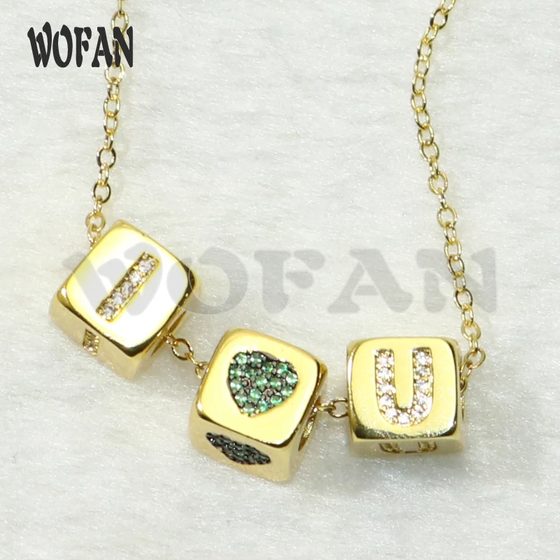 

Three Cube Zircon Micro pave heart Cube bead charm pendant necklace Gold Color Cubic Zirconia Charms link chain necklace