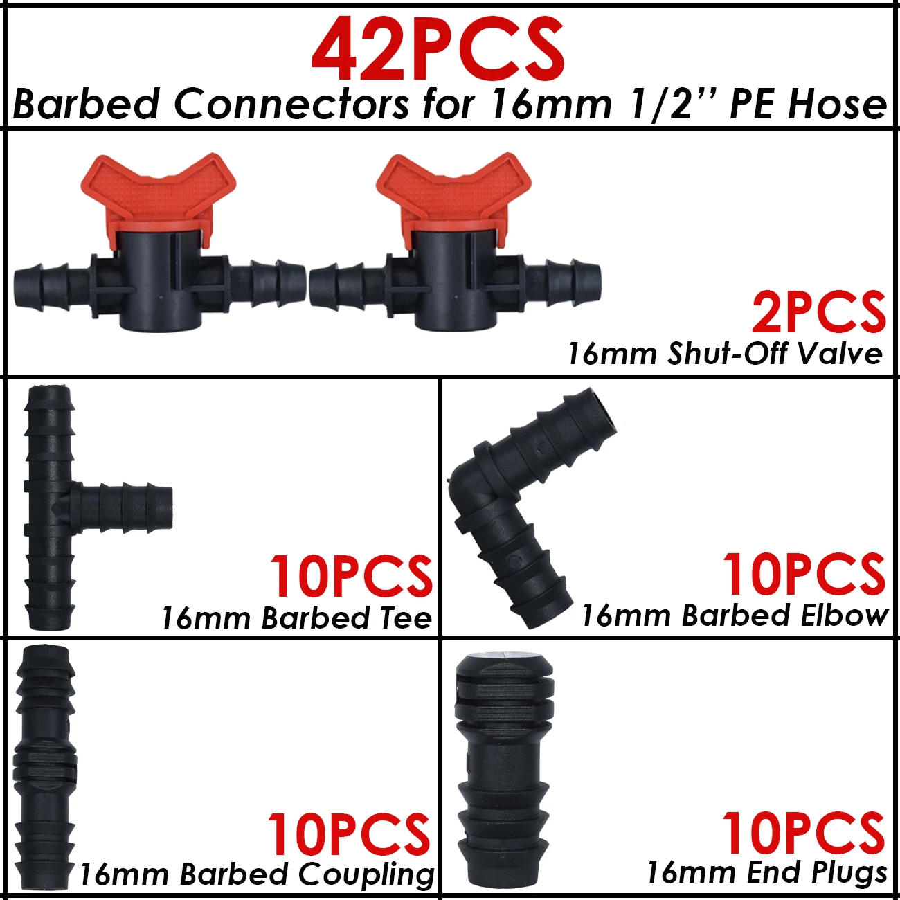 KESLA Drip Irrigation Watering 16mm Barbed Fittings Connectors Tee Elbow Coupling Cap Plug End Kit 1/2 Inch Tubing Hose Garden 