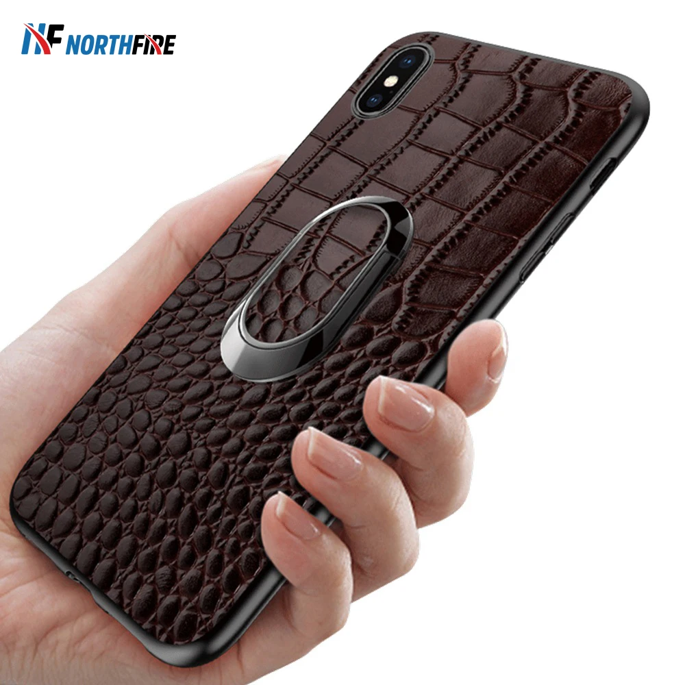 

Luxury Genuine Leather Case For iPhone XR/XS Max/X 6/6S/7/8 Plus Ring Phone Holder Stand Business Real Leather Cases Back Cover