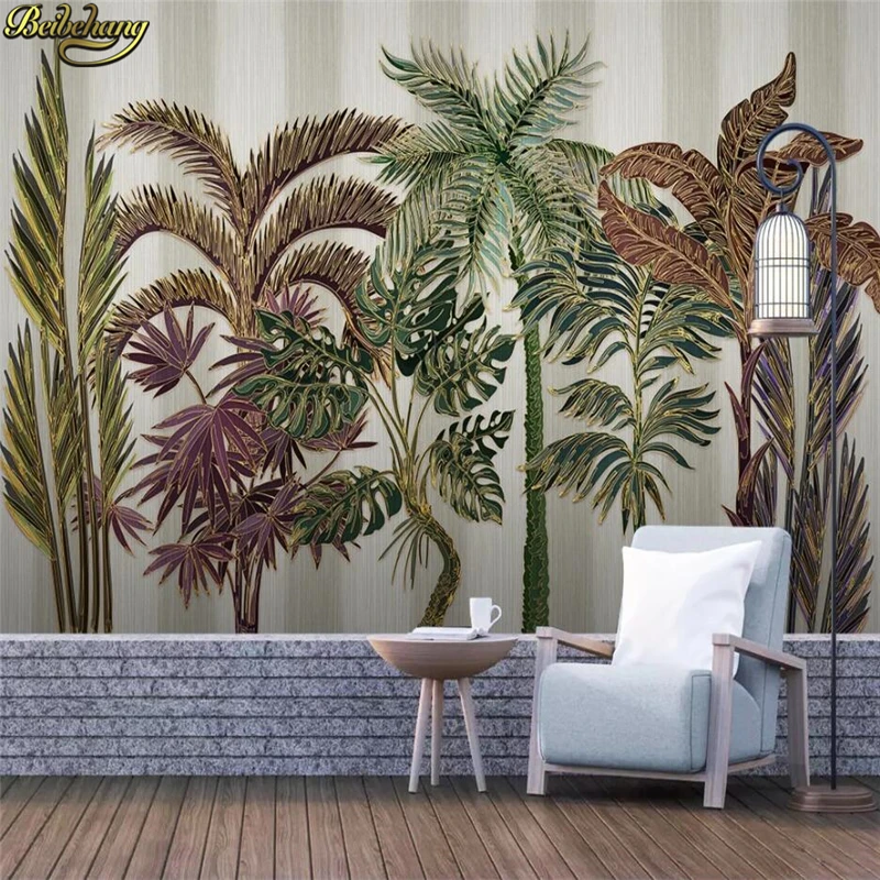 beibehang Custom wallpaper mural Nordic tropical plant forest light luxury embossed gold lines background wall papel de parede