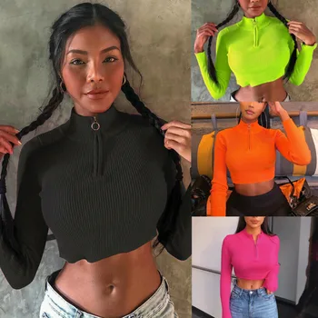 

2019 long sleeve zipper patchwork sexy crop tops autumn winter women neon bodycon Blouse streetwear club party outfit