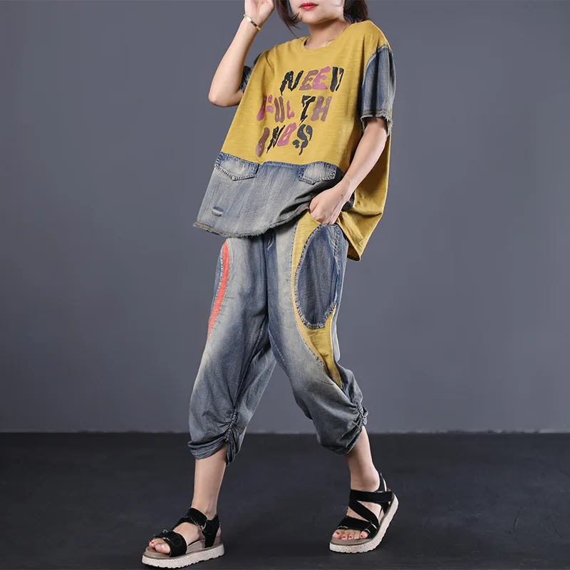 

Women Denim Tracksuit Vintage Retro Punk Loose Suit Female Plus Size Jean Shirt +Hip Hop Elastic waist Pants Pocket AA157S30