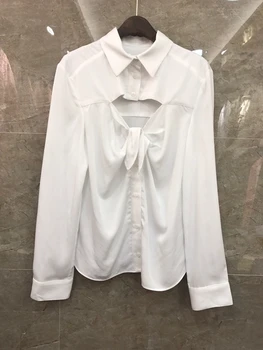 

2020 Autumn and Winter new women's lapel chest hollow decorative long sleeve solid color Joker shirt 913