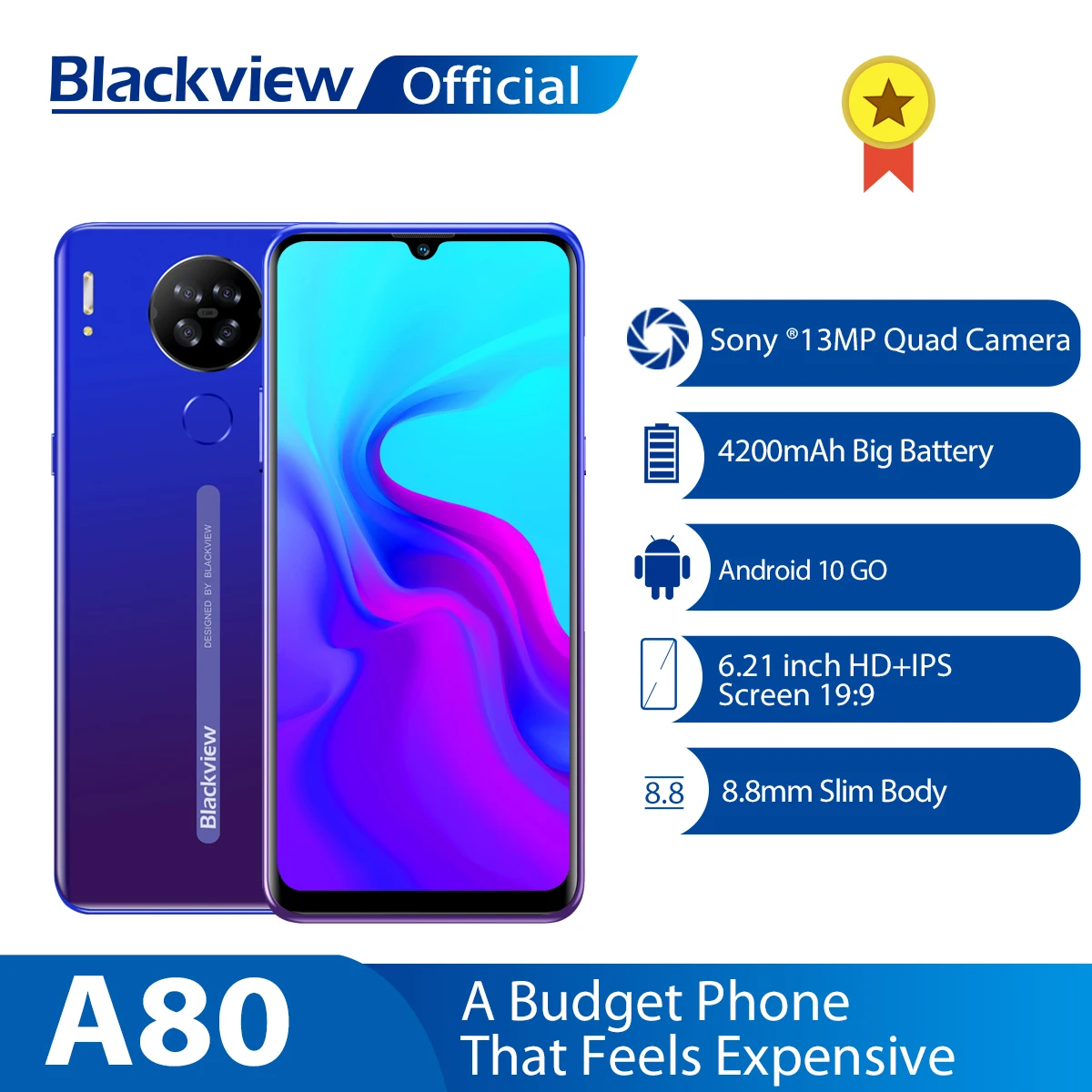 Blackview-móvil A80, 4G, Android 10,0, Go, Quad, cámara trasera de 13MP, pantalla gota de agua 6,21, 2GB + 16GB, 4200mAh