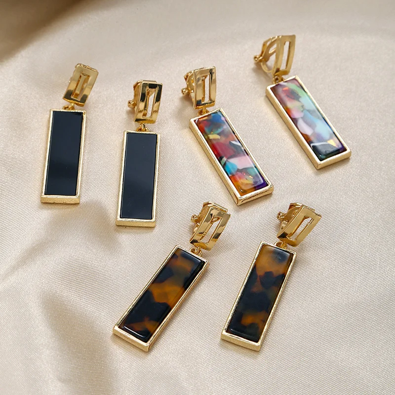 Clip on Earrings 5 Color Fashion Korea Simple Geometric Square Clip on Earrings for Women Golden Colorful Resin Non Pierced Ear Clips Trendy ear clip earrings clip earrings ear clip ear accessories